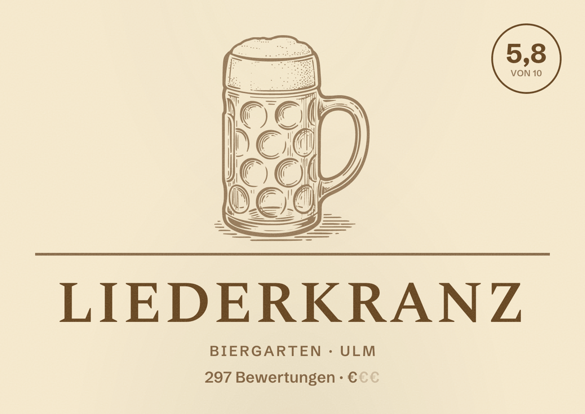 Illustriertes Poster von Liederkranz, Biergarten in Ulm: Bewertung 5,8 von 10 aus 297 Bewertungen, Preisniveau €