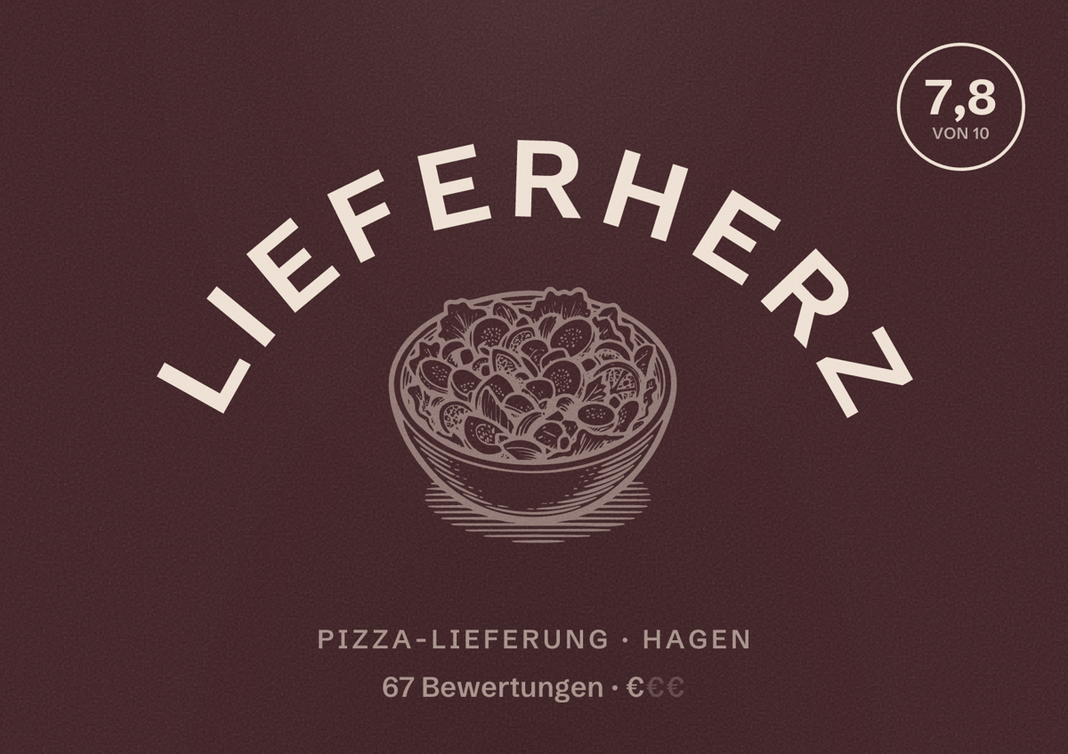 Illustriertes Poster von Lieferherz, Pizza-Lieferung in Hagen: Bewertung 7,8 von 10 aus 67 Bewertungen, Preisniveau €