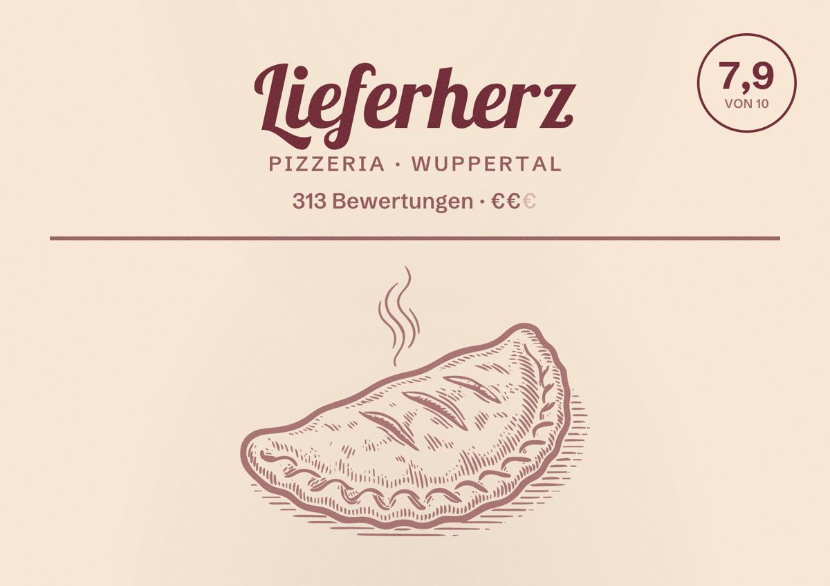 Illustriertes Poster von Lieferherz, Pizzeria in Wuppertal: Bewertung 7,9 von 10 aus 313 Bewertungen, Preisniveau €€