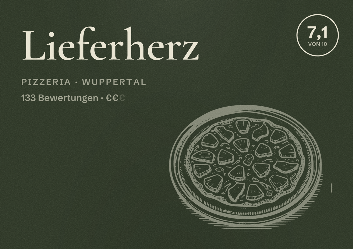 Illustriertes Poster von Lieferherz, Pizzeria in Wuppertal: Bewertung 7,1 von 10 aus 133 Bewertungen, Preisniveau €€