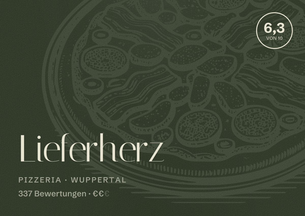 Illustriertes Poster von Lieferherz, Pizzeria in Wuppertal: Bewertung 6,3 von 10 aus 337 Bewertungen, Preisniveau €€