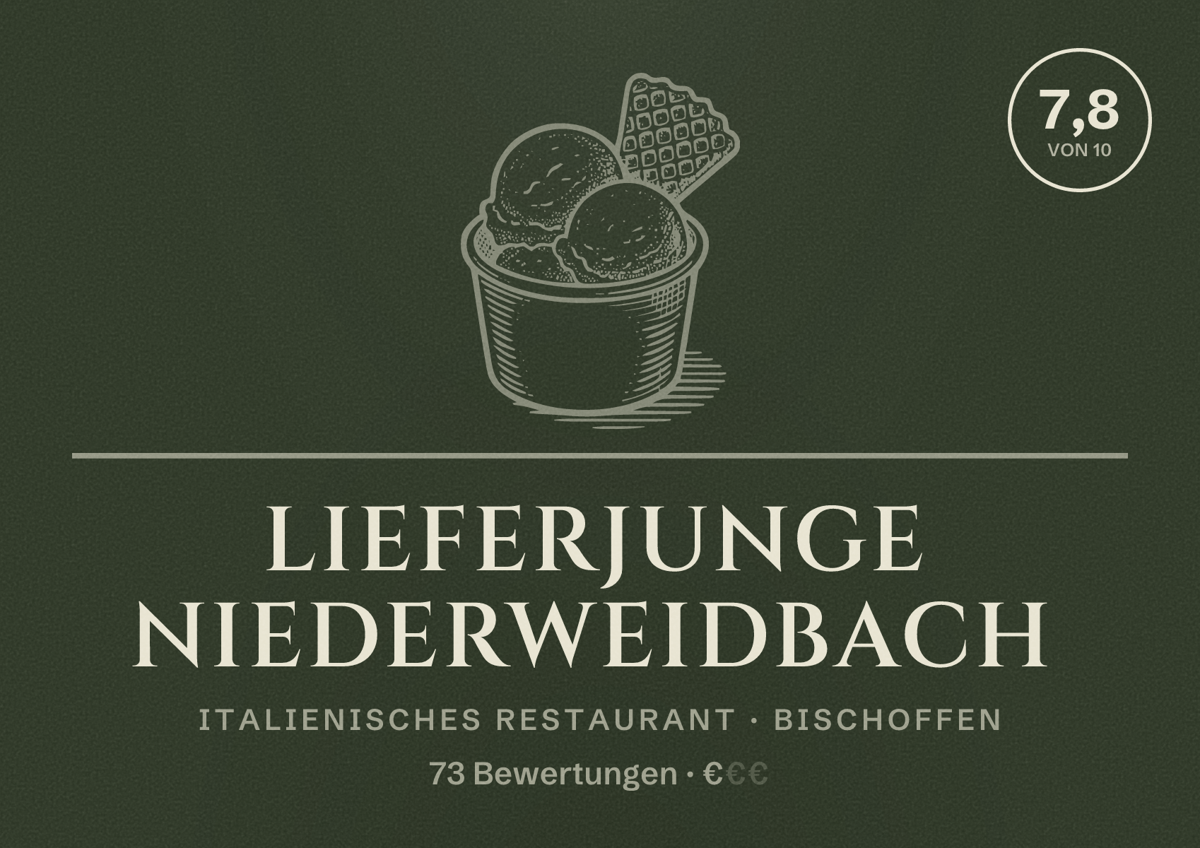Illustriertes Poster von Lieferjunge Niederweidbach, Italienisches Restaurant in Bischoffen: Bewertung 7,8 von 10 aus 73 Bewertungen, Preisniveau €