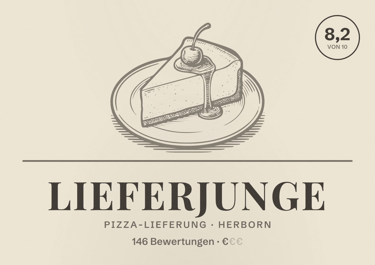 Illustriertes Poster von Lieferjunge, Pizza-Lieferung in Herborn: Bewertung 8,2 von 10 aus 146 Bewertungen, Preisniveau €