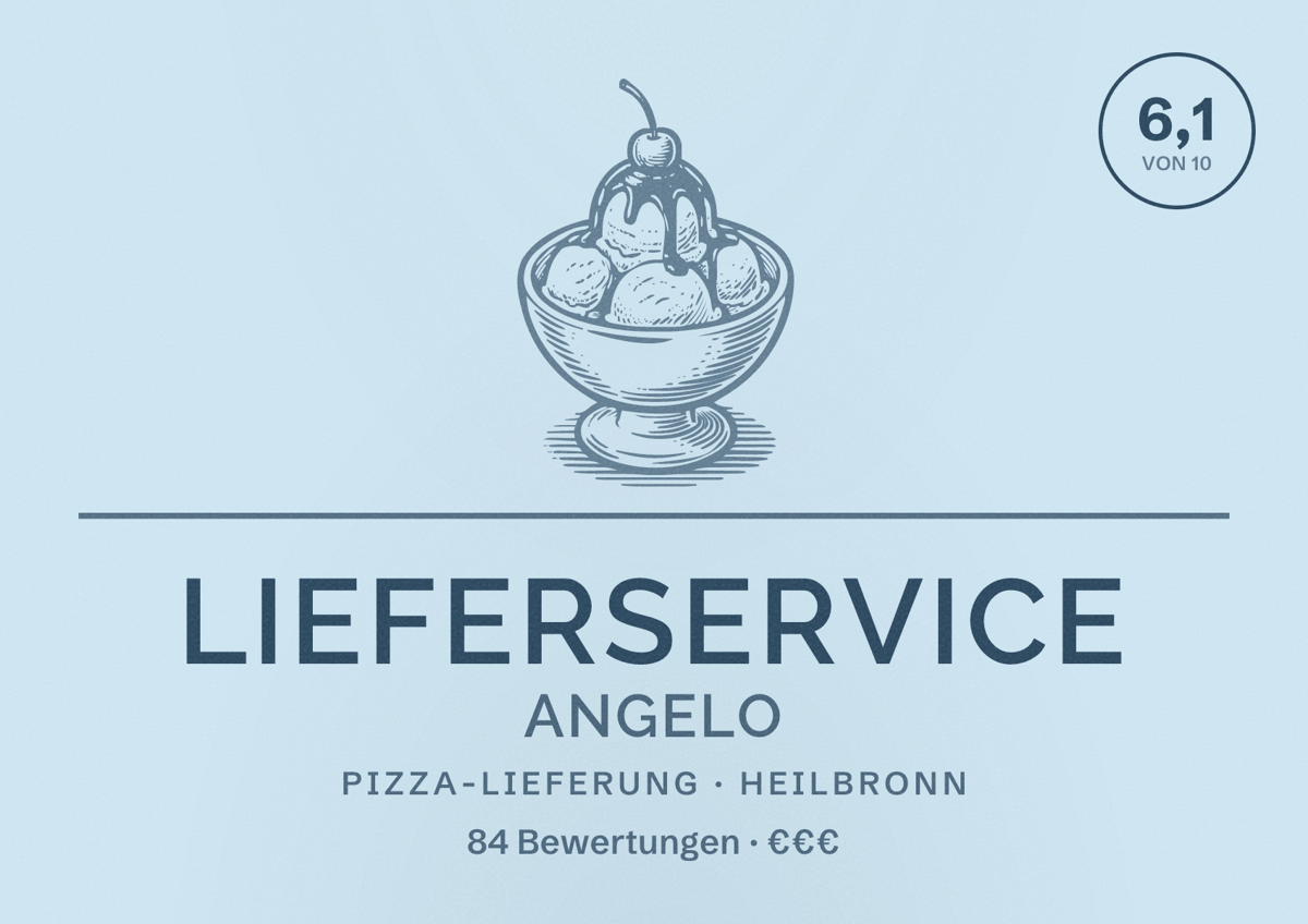 Illustriertes Poster von Lieferservice Angelo, Pizza-Lieferung in Heilbronn: Bewertung 6,1 von 10 aus 84 Bewertungen, Preisniveau €€€