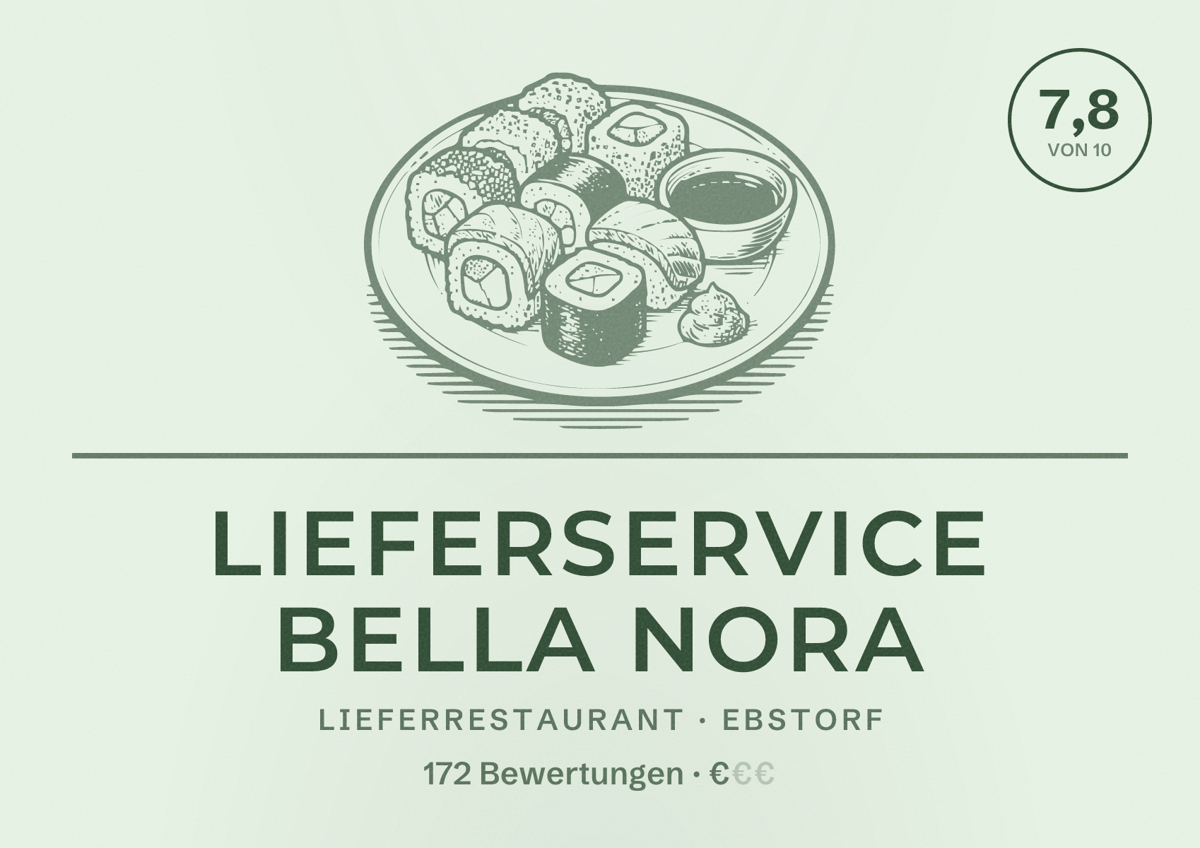 Illustriertes Poster von Lieferservice Bella Nora, Lieferrestaurant in Ebstorf: Bewertung 7,8 von 10 aus 172 Bewertungen, Preisniveau €