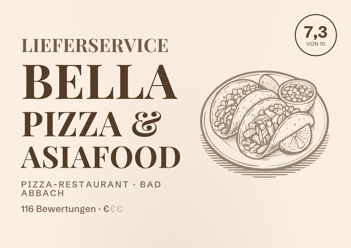 Illustriertes Poster von Lieferservice Bella Pizza & Asiafood, Pizza-Restaurant in Bad Abbach: Bewertung 7,3 von 10 aus 116 Bewertungen, Preisniveau €