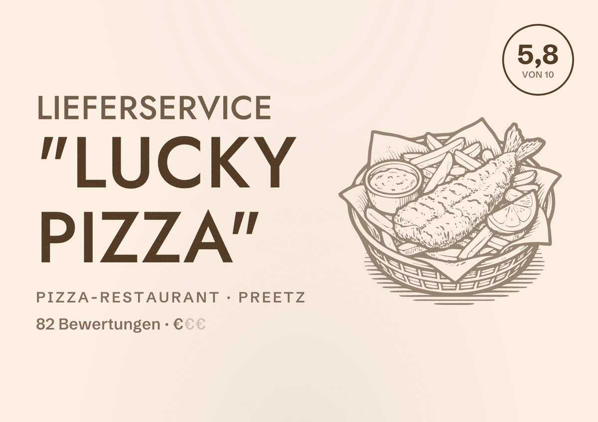 Illustriertes Poster von Lieferservice "Lucky Pizza", Pizza-Restaurant in Preetz: Bewertung 5,8 von 10 aus 82 Bewertungen, Preisniveau €