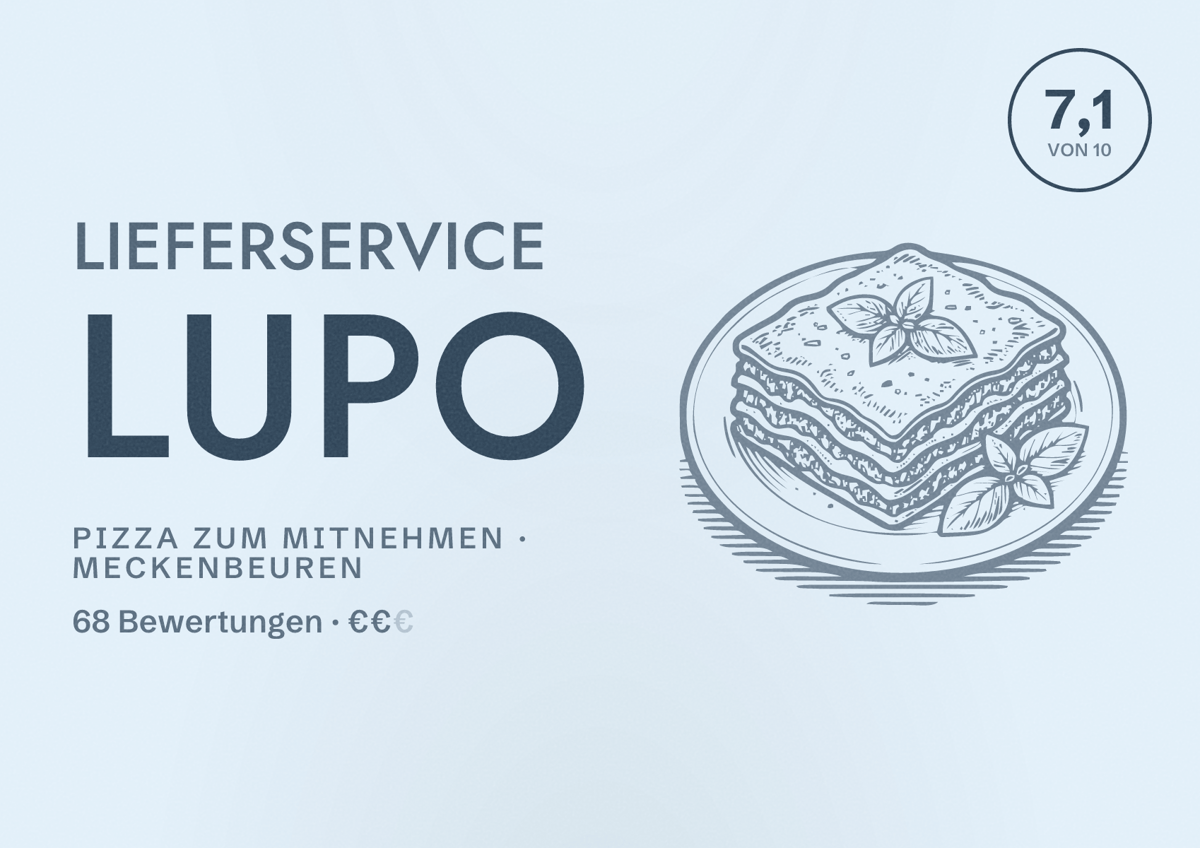 Illustriertes Poster von Lieferservice Lupo, Pizza zum Mitnehmen in Meckenbeuren: Bewertung 7,1 von 10 aus 68 Bewertungen, Preisniveau €€