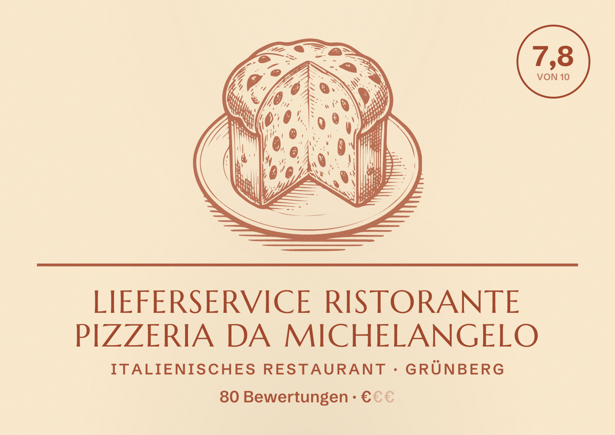 Illustriertes Poster von Lieferservice Ristorante Pizzeria Da Michelangelo, Italienisches Restaurant in Grünberg: Bewertung 7,8 von 10 aus 80 Bewertungen, Preisniveau €