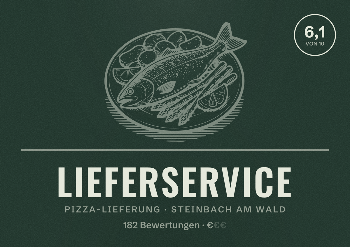 Illustriertes Poster von Lieferservice, Pizza-Lieferung in Steinbach am Wald: Bewertung 6,1 von 10 aus 182 Bewertungen, Preisniveau €
