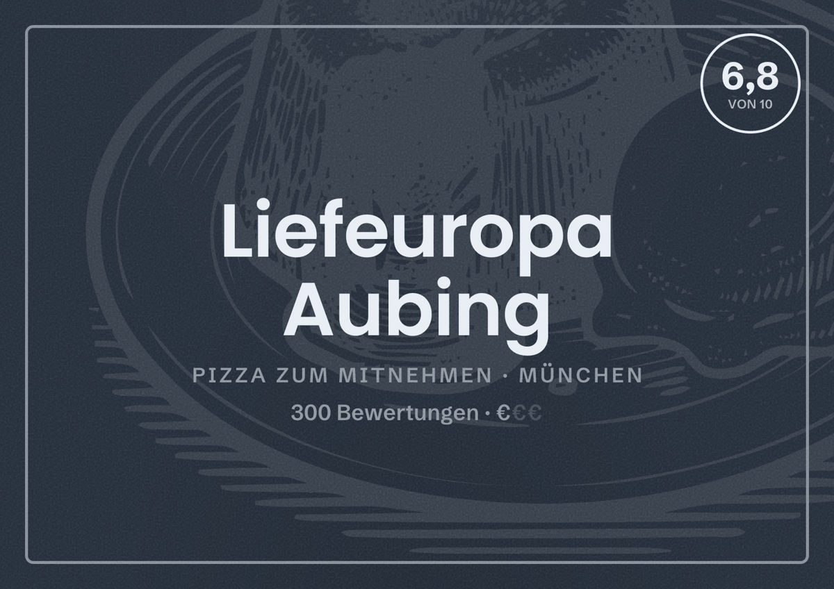 Illustriertes Poster von Liefeuropa Aubing, Pizza zum Mitnehmen in München: Bewertung 6,8 von 10 aus 300 Bewertungen, Preisniveau €