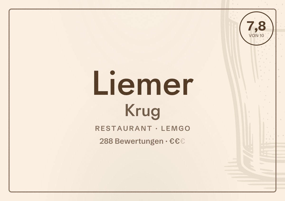 Illustriertes Poster von Liemer Krug, Restaurant in Lemgo: Bewertung 7,8 von 10 aus 288 Bewertungen, Preisniveau €€