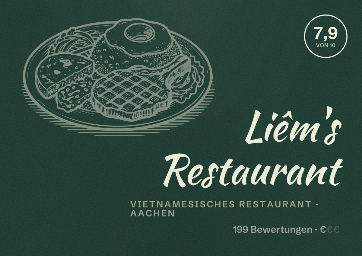 Illustriertes Poster von Liêm's Restaurant, Vietnamesisches Restaurant in Aachen: Bewertung 7,9 von 10 aus 199 Bewertungen, Preisniveau €