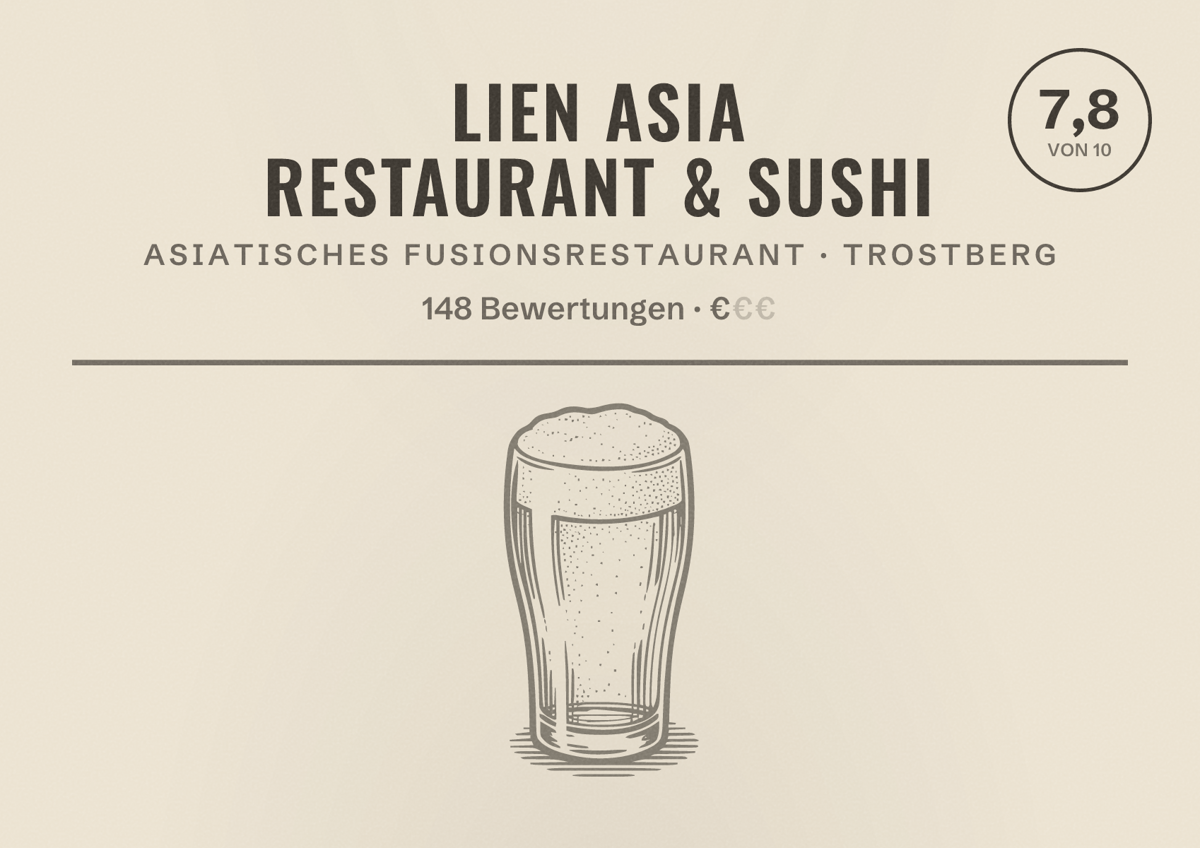 Illustriertes Poster von Lien Asia Restaurant & Sushi, Asiatisches Fusionsrestaurant in Trostberg: Bewertung 7,8 von 10 aus 148 Bewertungen, Preisniveau €