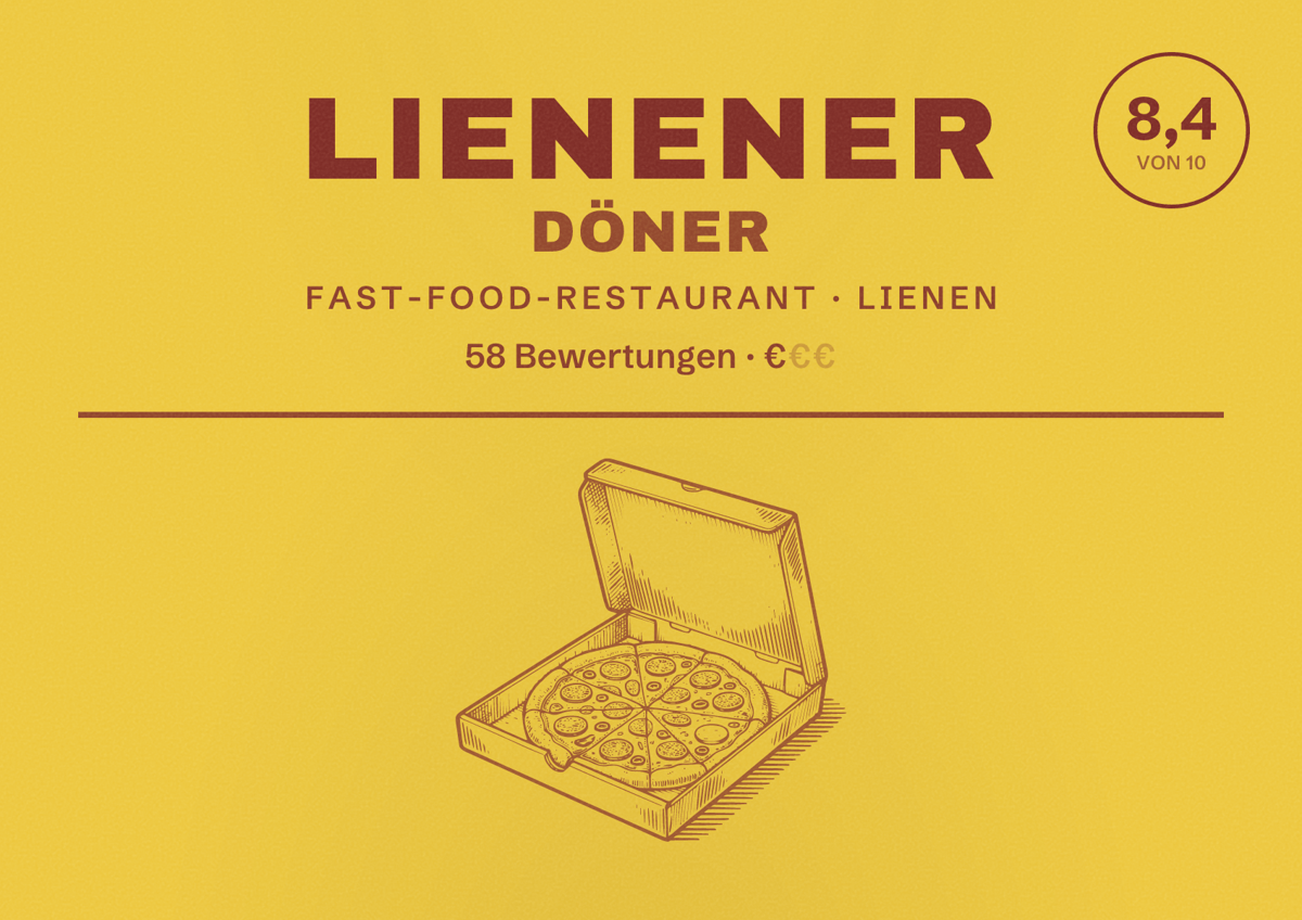 Illustriertes Poster von Lienener Döner, Fast-Food-Restaurant in Lienen: Bewertung 8,4 von 10 aus 58 Bewertungen, Preisniveau €
