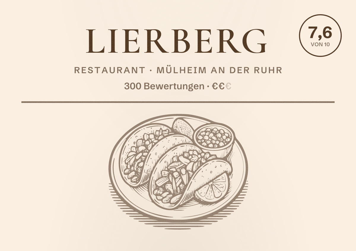 Illustriertes Poster von Lierberg, Restaurant in Mülheim an der Ruhr: Bewertung 7,6 von 10 aus 300 Bewertungen, Preisniveau €€