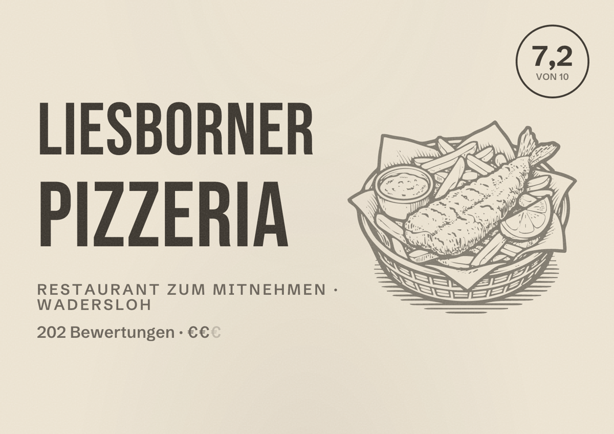 Illustriertes Poster von Liesborner Pizzeria, Restaurant zum Mitnehmen in Wadersloh: Bewertung 7,2 von 10 aus 202 Bewertungen, Preisniveau €€