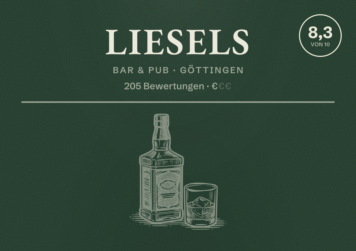 Illustriertes Poster von Liesels, Bar & Pub in Göttingen: Bewertung 8,3 von 10 aus 205 Bewertungen, Preisniveau €