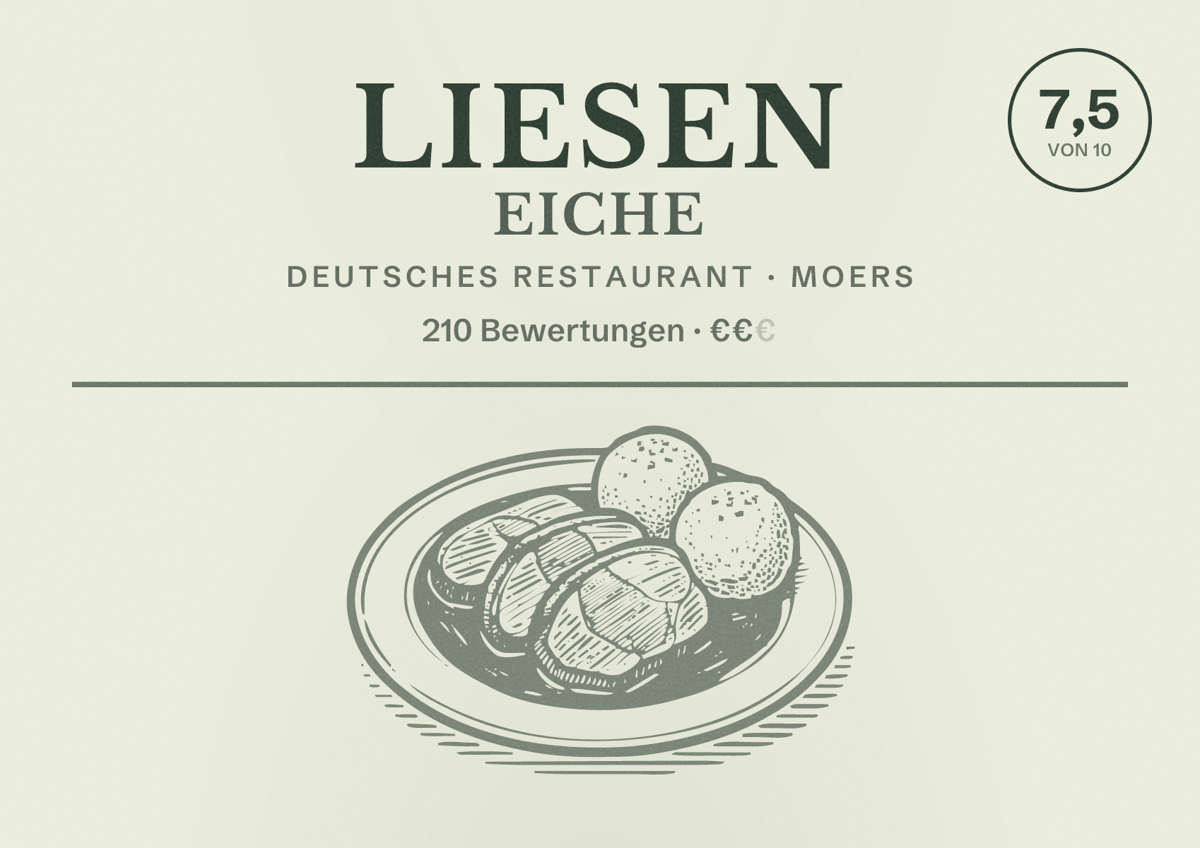 Illustriertes Poster von Liesen Eiche, Deutsches Restaurant in Moers: Bewertung 7,5 von 10 aus 210 Bewertungen, Preisniveau €€