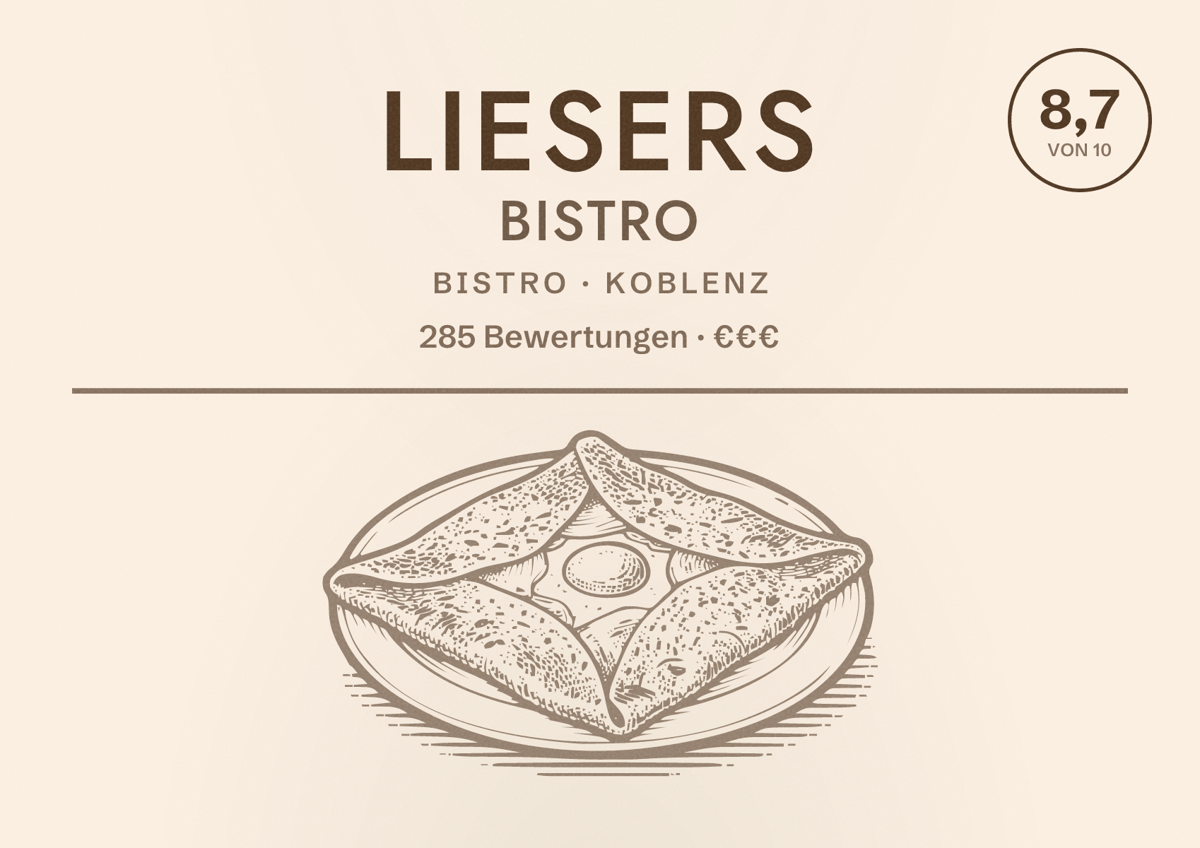 Illustriertes Poster von Liesers Bistro, Bistro in Koblenz: Bewertung 8,7 von 10 aus 285 Bewertungen, Preisniveau €€€
