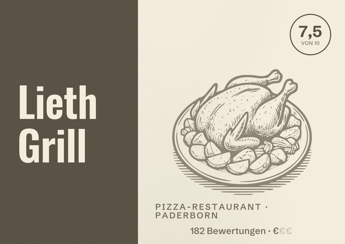 Illustriertes Poster von Lieth Grill, Pizza-Restaurant in Paderborn: Bewertung 7,5 von 10 aus 182 Bewertungen, Preisniveau €