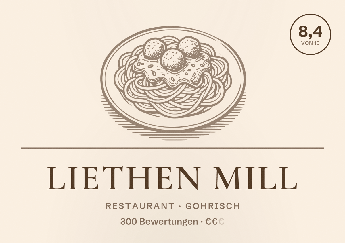 Illustriertes Poster von Liethen Mill, Restaurant in Gohrisch: Bewertung 8,4 von 10 aus 300 Bewertungen, Preisniveau €€