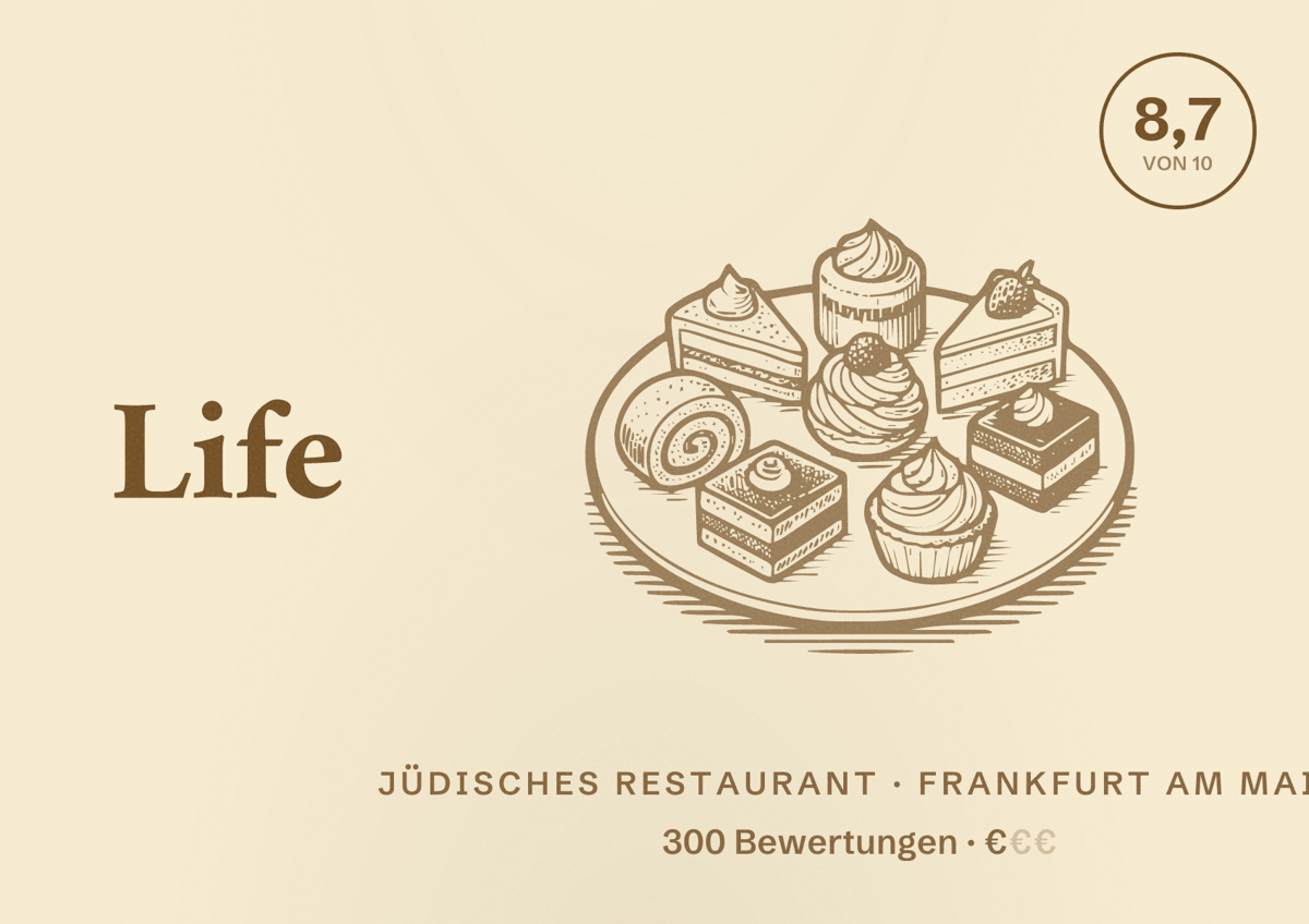 Illustriertes Poster von Life Deli, Jüdisches Restaurant in Frankfurt am Main: Bewertung 8,7 von 10 aus 300 Bewertungen, Preisniveau €