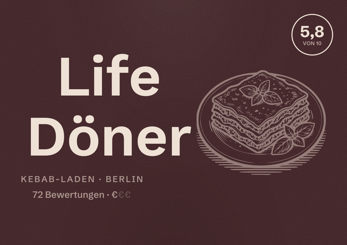 Illustriertes Poster von Life Döner, Kebab-Laden in Berlin: Bewertung 5,8 von 10 aus 72 Bewertungen, Preisniveau €