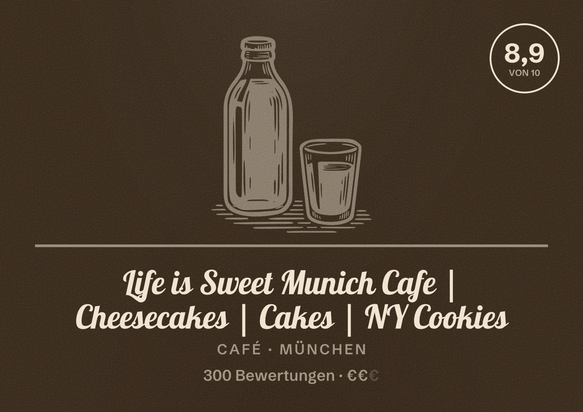 Illustriertes Poster von Life is Sweet Munich Cafe | Cheesecakes | Cakes | NY Cookies, Café in München: Bewertung 8,9 von 10 aus 300 Bewertungen, Preisniveau €€