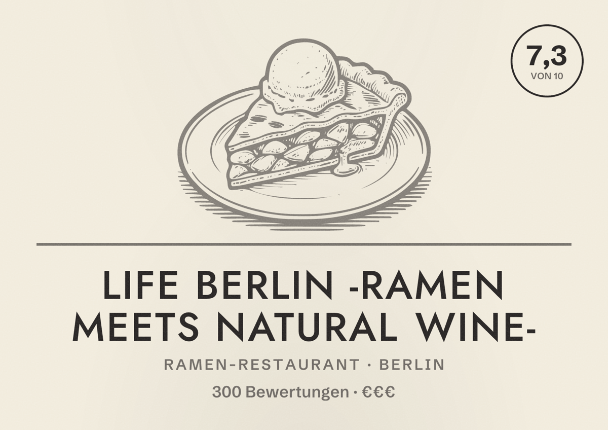 Illustriertes Poster von Life Berlin -Ramen meets Natural Wine-, Ramen-Restaurant in Berlin: Bewertung 7,3 von 10 aus 300 Bewertungen, Preisniveau €€€
