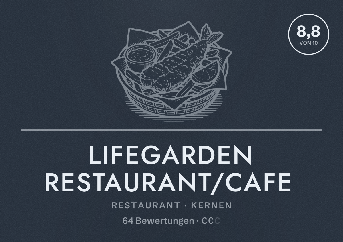 Illustriertes Poster von LifeGarden Restaurant/Cafe, Restaurant in Kernen: Bewertung 8,8 von 10 aus 64 Bewertungen, Preisniveau €€