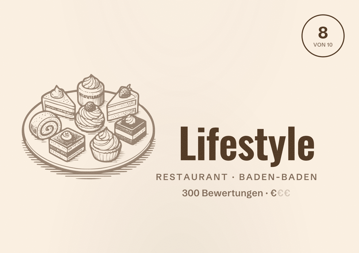 Illustriertes Poster von Lifestyle, Restaurant in Baden-Baden: Bewertung 8 von 10 aus 300 Bewertungen, Preisniveau €