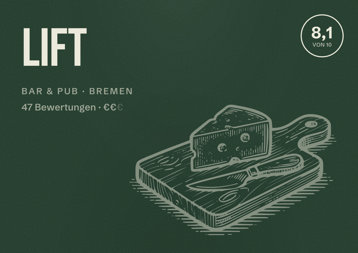Illustriertes Poster von Lift, Bar & Pub in Bremen: Bewertung 8,1 von 10 aus 47 Bewertungen, Preisniveau €€