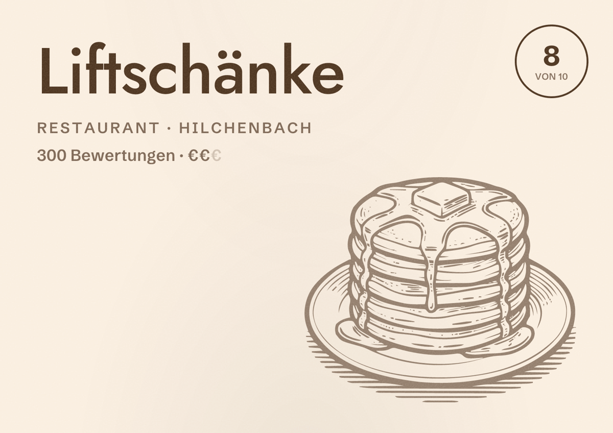 Illustriertes Poster von Liftschänke, Restaurant in Hilchenbach: Bewertung 8 von 10 aus 300 Bewertungen, Preisniveau €€