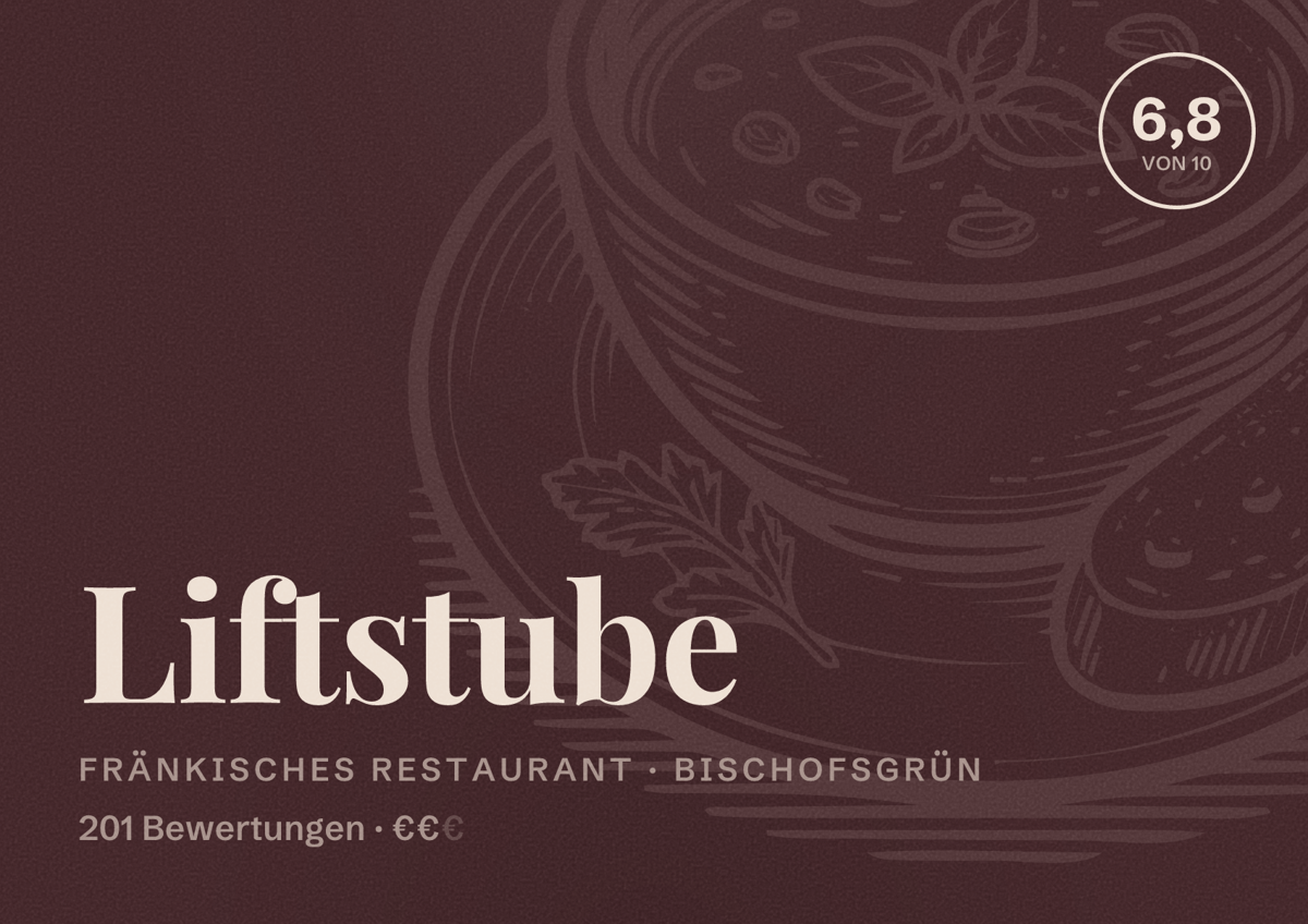 Illustriertes Poster von Liftstube, Fränkisches Restaurant in Bischofsgrün: Bewertung 6,8 von 10 aus 201 Bewertungen, Preisniveau €€