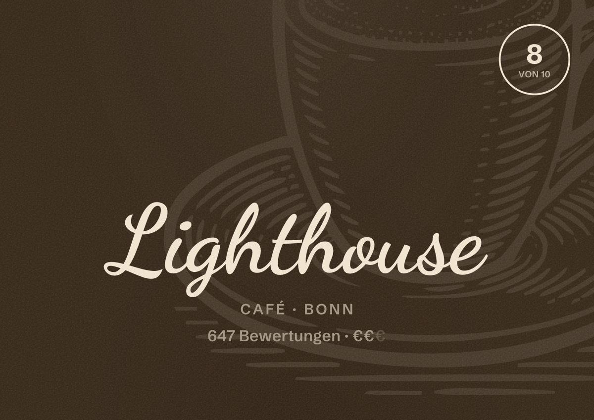 Illustriertes Poster von Lighthouse, Café in Bonn: Bewertung 8 von 10 aus 647 Bewertungen, Preisniveau €€