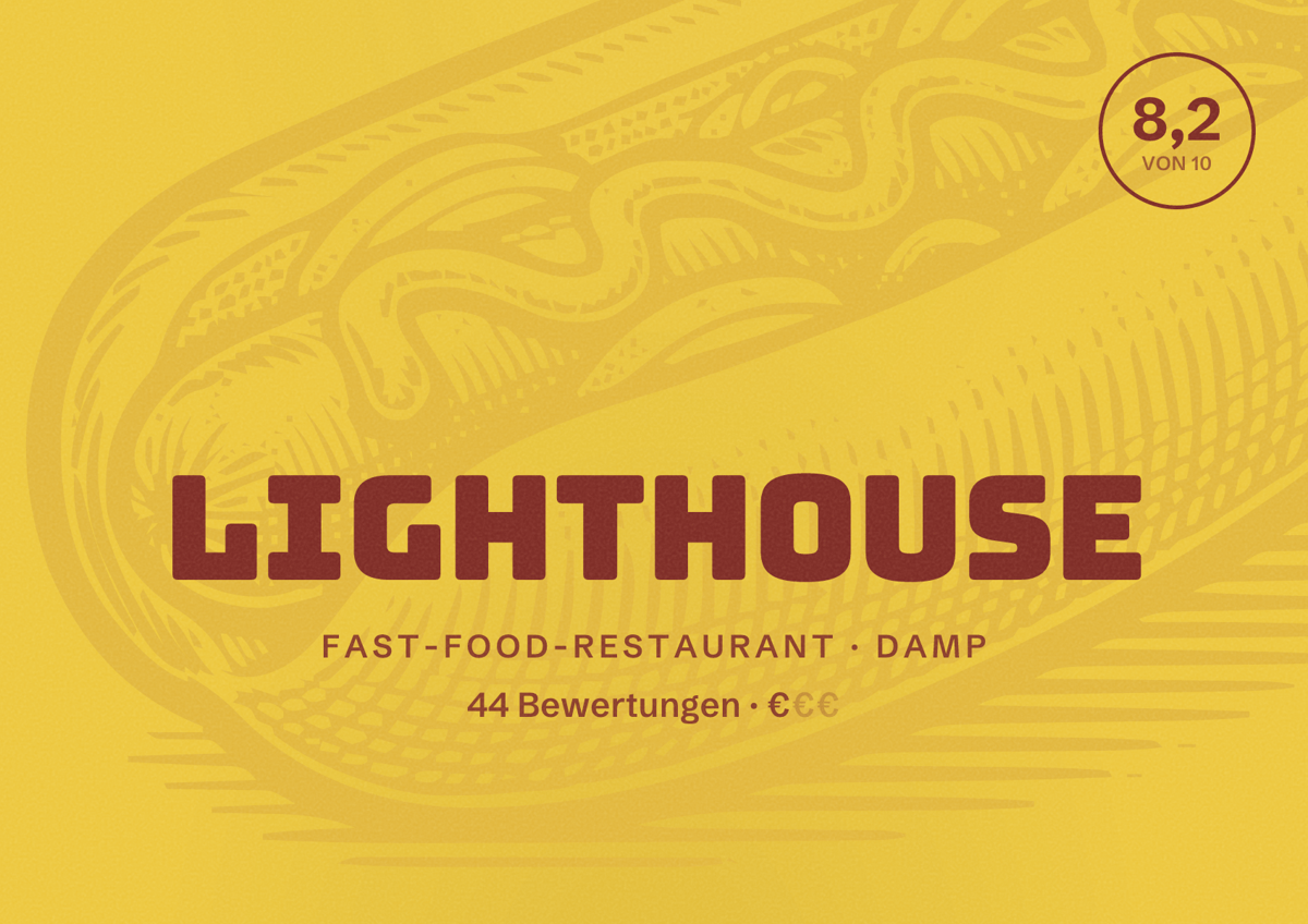 Illustriertes Poster von LIGHTHOUSE, Fast-Food-Restaurant in Damp: Bewertung 8,2 von 10 aus 44 Bewertungen, Preisniveau €