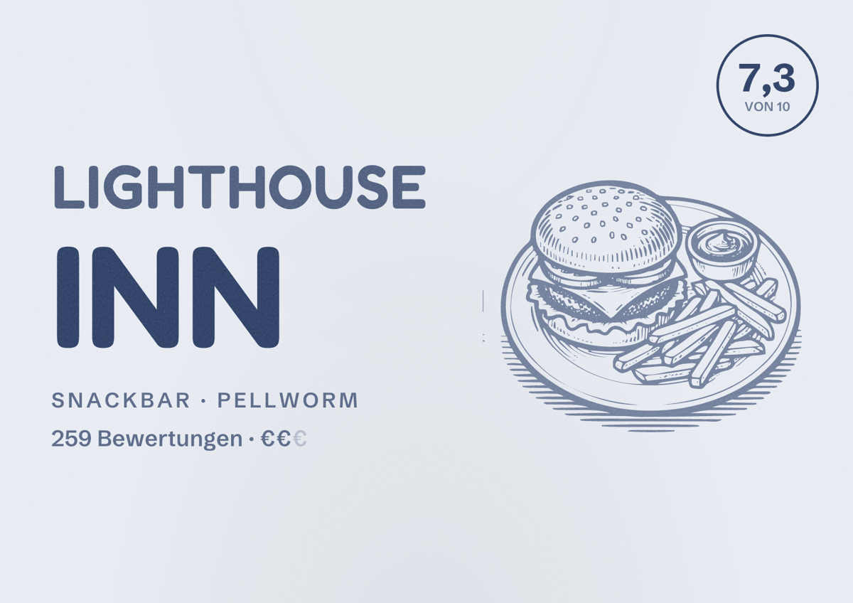 Illustriertes Poster von Lighthouse Inn, Snackbar in Pellworm: Bewertung 7,3 von 10 aus 259 Bewertungen, Preisniveau €€