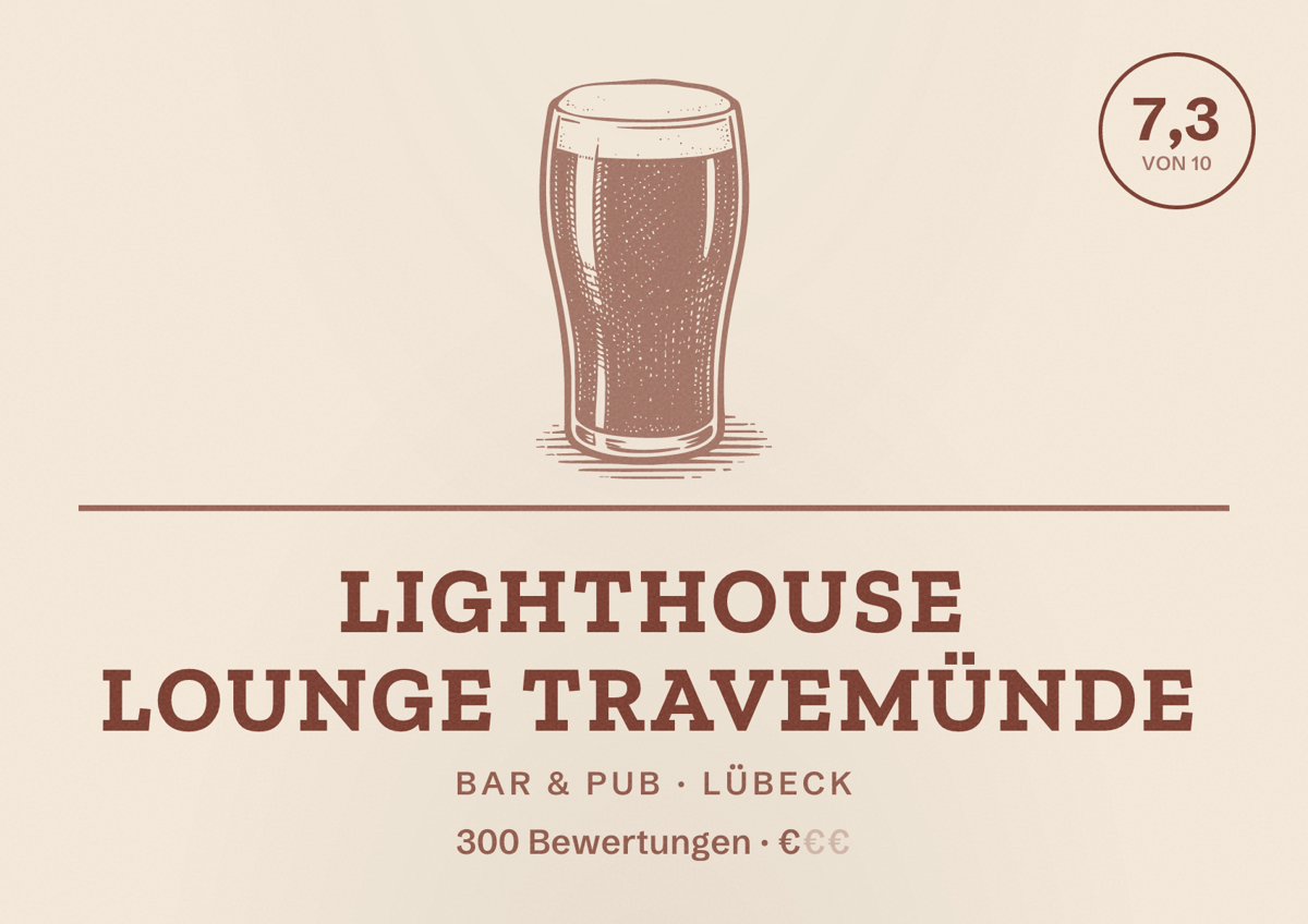 Illustriertes Poster von Lighthouse Lounge Travemünde, Bar & Pub in Lübeck: Bewertung 7,3 von 10 aus 300 Bewertungen, Preisniveau €