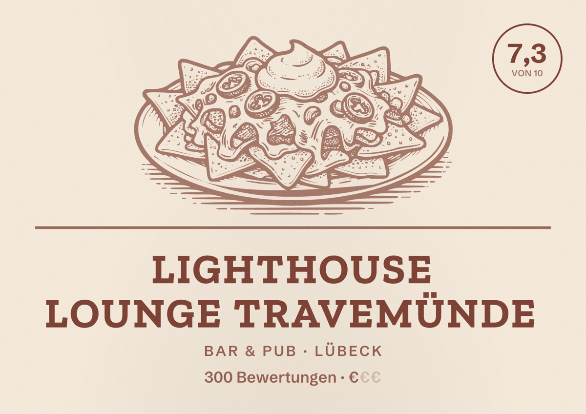 Illustriertes Poster von Lighthouse Lounge Travemünde, Bar & Pub in Lübeck: Bewertung 7,3 von 10 aus 300 Bewertungen, Preisniveau €