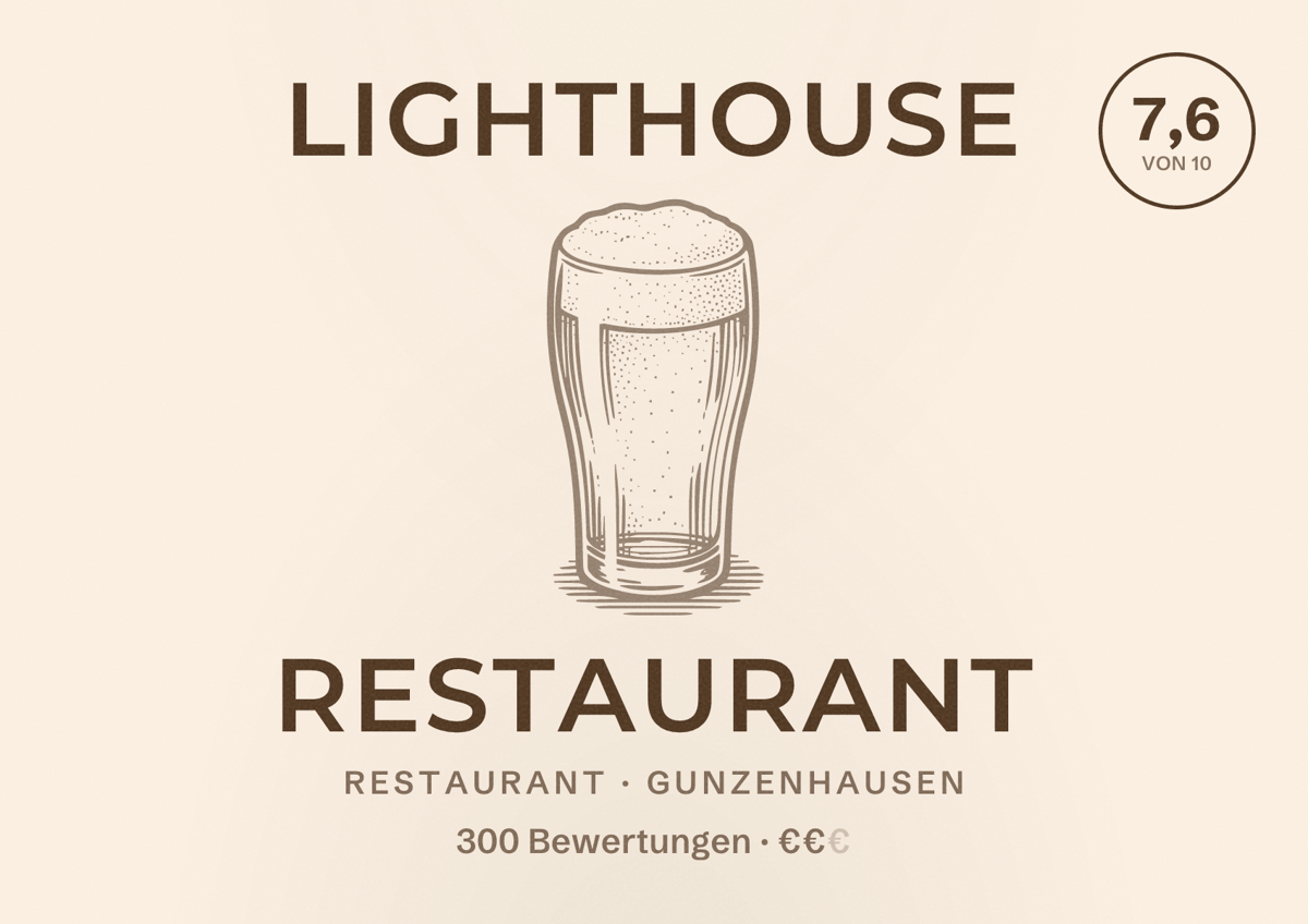 Illustriertes Poster von Lighthouse Restaurant, Restaurant in Gunzenhausen: Bewertung 7,6 von 10 aus 300 Bewertungen, Preisniveau €€