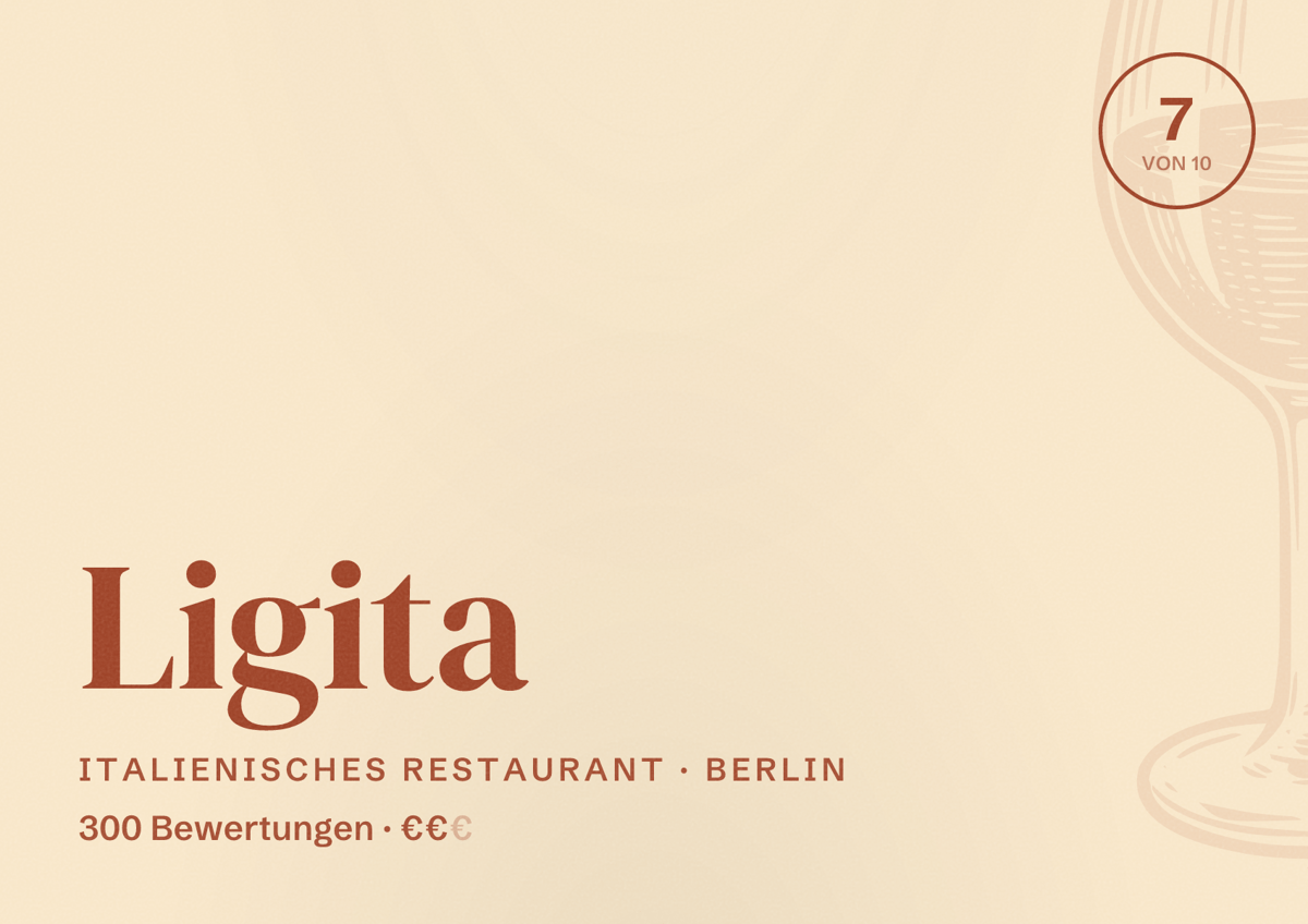 Illustriertes Poster von Ligita, Italienisches Restaurant in Berlin: Bewertung 7,0 von 10 aus 300 Bewertungen, Preisniveau €€