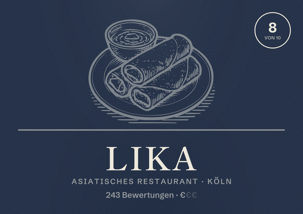 Illustriertes Poster von Lika, Asiatisches Restaurant in Köln: Bewertung 8,0 von 10 aus 243 Bewertungen, Preisniveau €