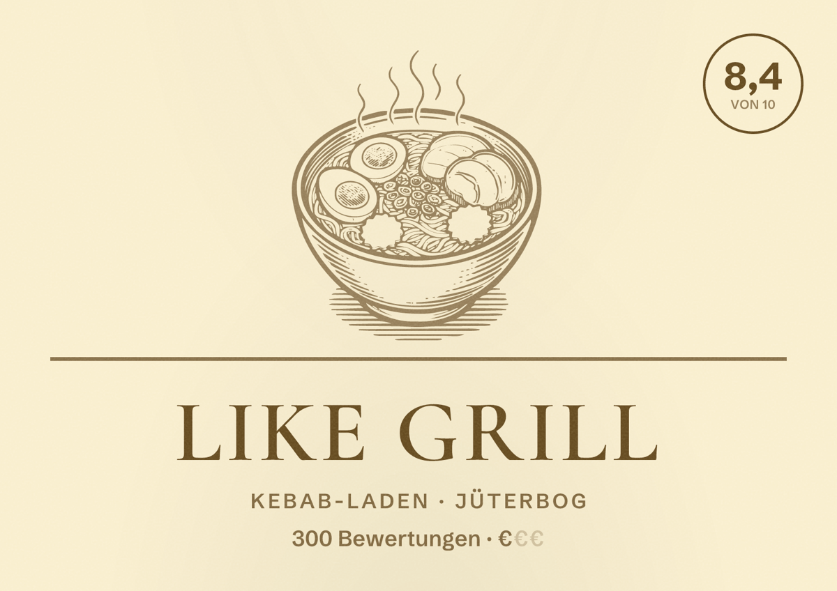 Illustriertes Poster von Like Grill, Kebab-Laden in Jüterbog: Bewertung 8,4 von 10 aus 300 Bewertungen, Preisniveau €