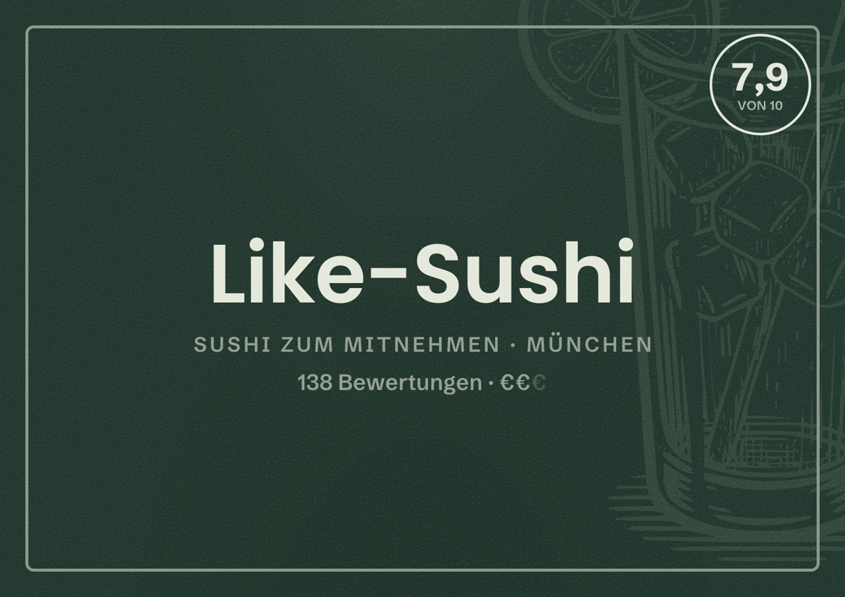 Illustriertes Poster von Like-Sushi, Sushi zum Mitnehmen in München: Bewertung 7,9 von 10 aus 138 Bewertungen, Preisniveau €€