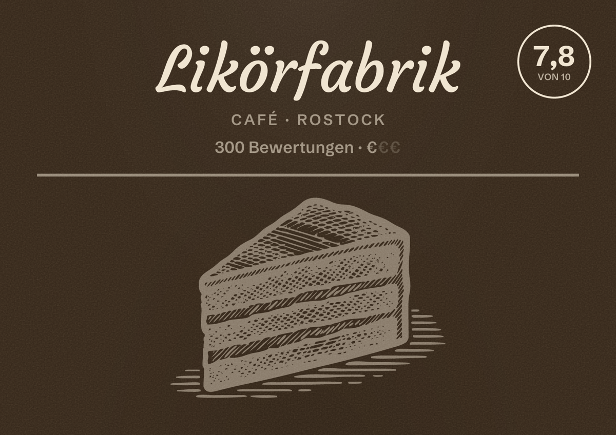 Illustriertes Poster von Likörfabrik, Café in Rostock: Bewertung 7,8 von 10 aus 300 Bewertungen, Preisniveau €