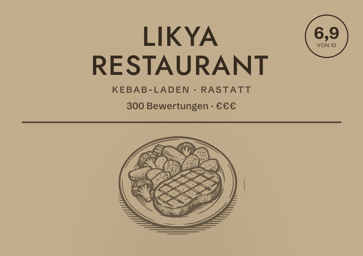 Illustriertes Poster von Likya Restaurant, Kebab-Laden in Rastatt: Bewertung 6,9 von 10 aus 300 Bewertungen, Preisniveau €€€