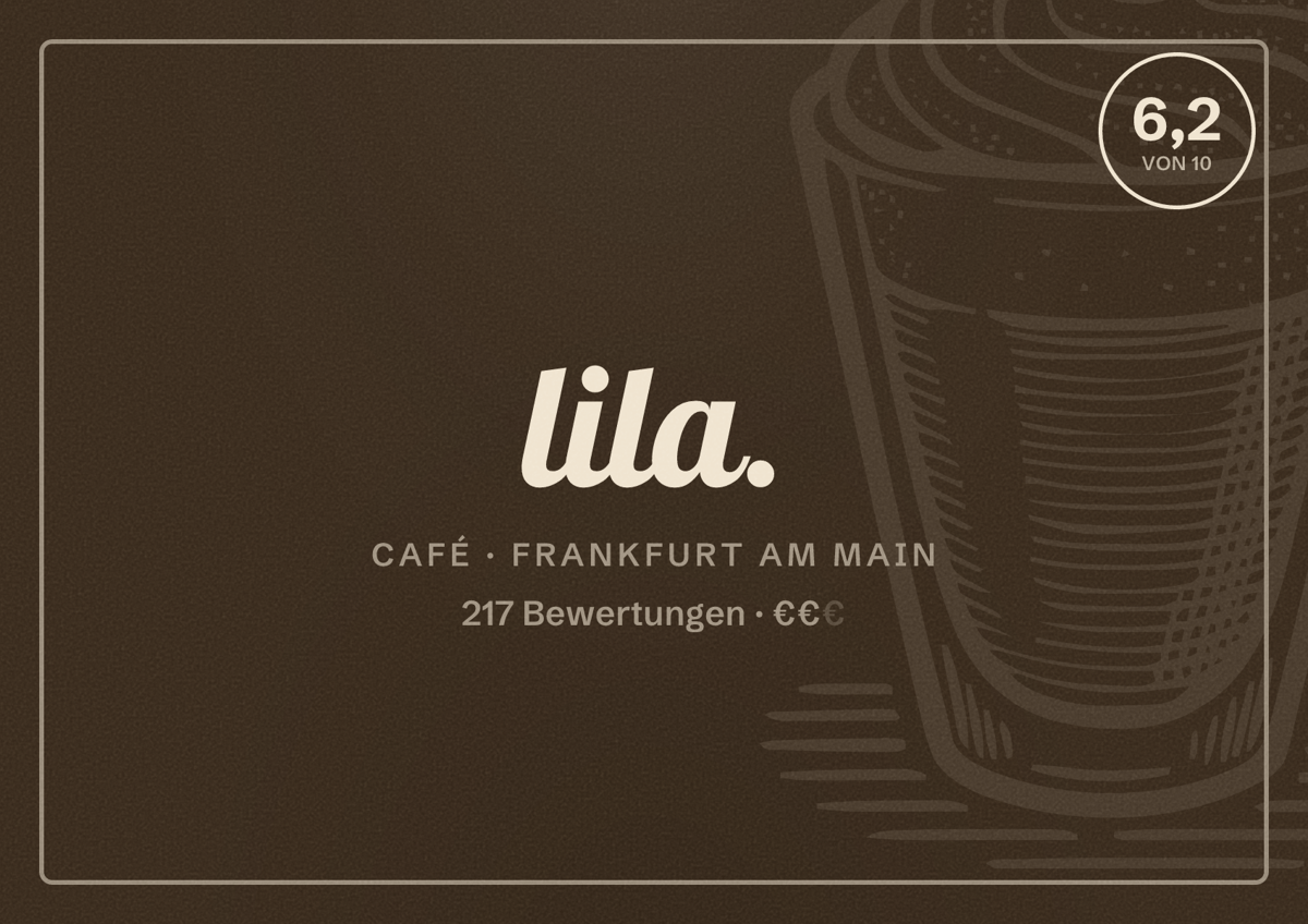 Illustriertes Poster von lila., Café in Frankfurt am Main: Bewertung 6,2 von 10 aus 217 Bewertungen, Preisniveau €€