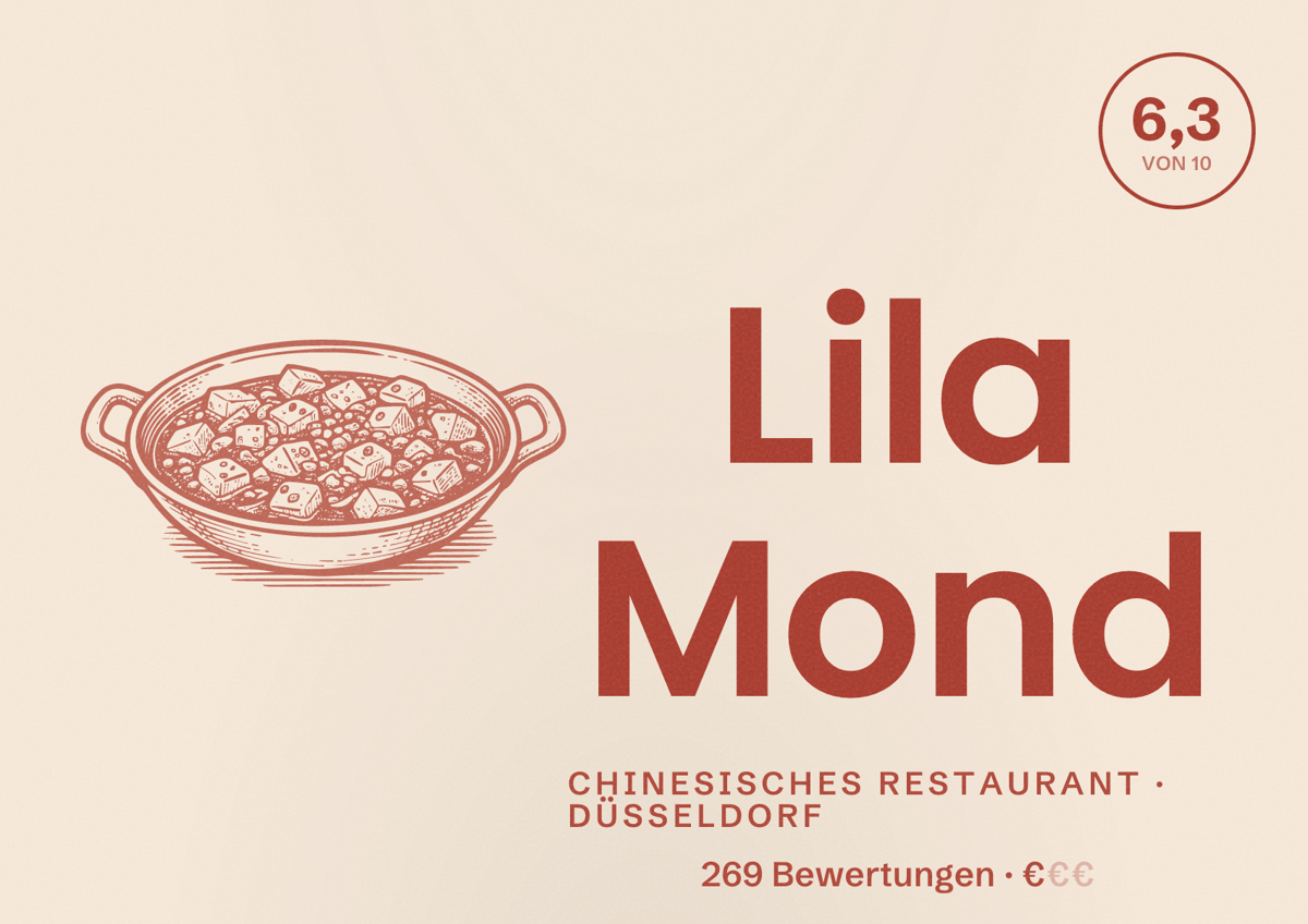 Illustriertes Poster von Lila Mond, Chinesisches Restaurant in Düsseldorf: Bewertung 6,3 von 10 aus 269 Bewertungen, Preisniveau €
