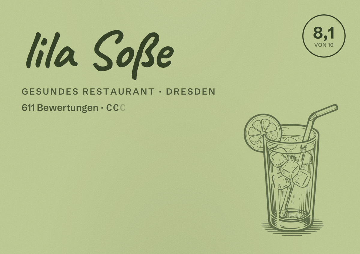 Illustriertes Poster von lila Soße, Gesundes Restaurant in Dresden: Bewertung 8,1 von 10 aus 611 Bewertungen, Preisniveau €€